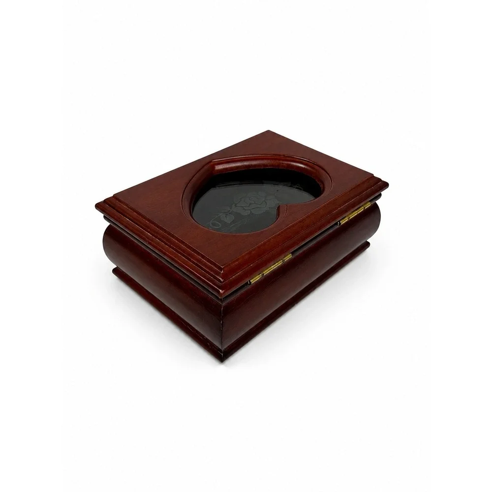 Vintage Style Cherry Wood Jewelry Box Heart Etched Rose Glass Lid Green Velvet